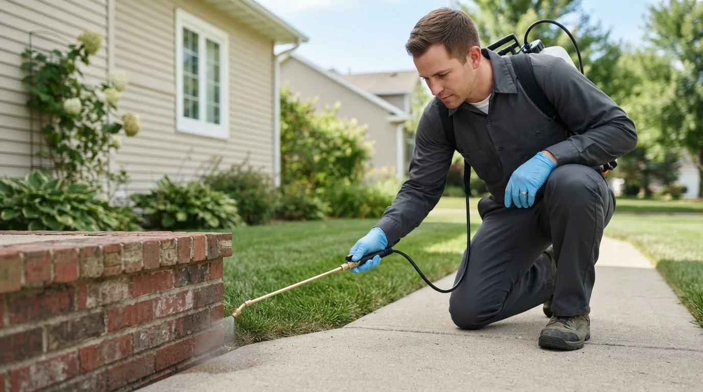 Pest control technician treating a home near Gates, OR